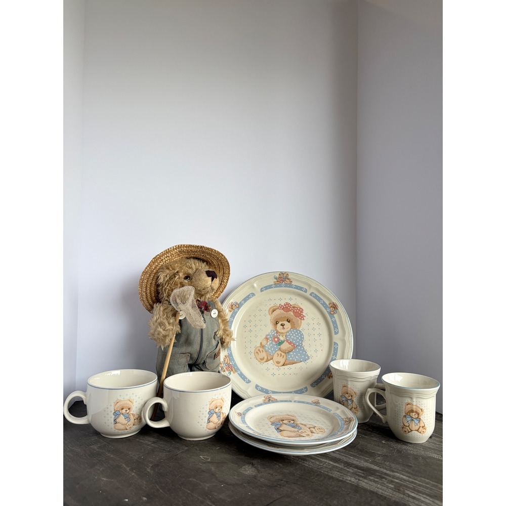 Teddy Bear Plush Ceramic Dinnerware Set Plates Mugs 8pc
